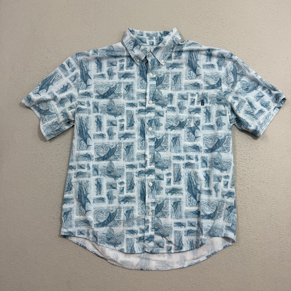 Huk Fishing Shirt Men Large Blue Marlin Print Button Down Short Sleeve Stretch